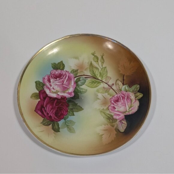 Nippon Hand Painted German Plate Pink Red Roses Floral Design - Picture 1 of 9